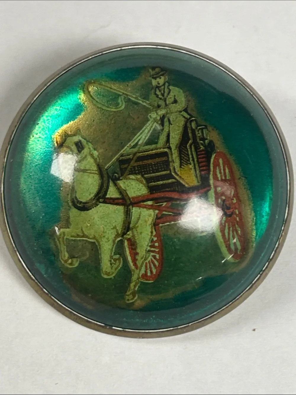 Vintage Green Horse & Carriage Glass Bridle Brooch